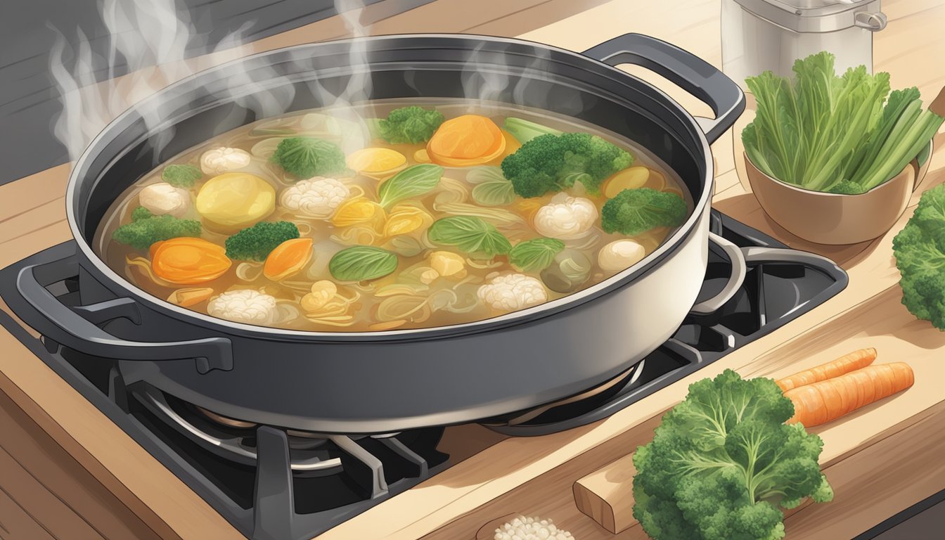 A pot of bubbling broth with hijiki and various vegetable substitutes simmering on a stove