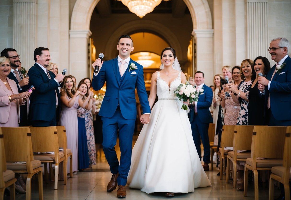 A bride and groom stand at the entrance of a grand wedding hall, each holding a microphone and surrounded by a crowd of cheering guests