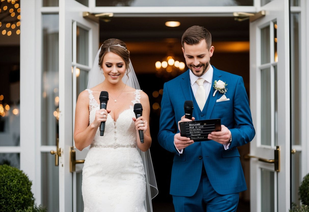 A bride and groom stand at the entrance, each holding a microphone and looking at a playlist of songs