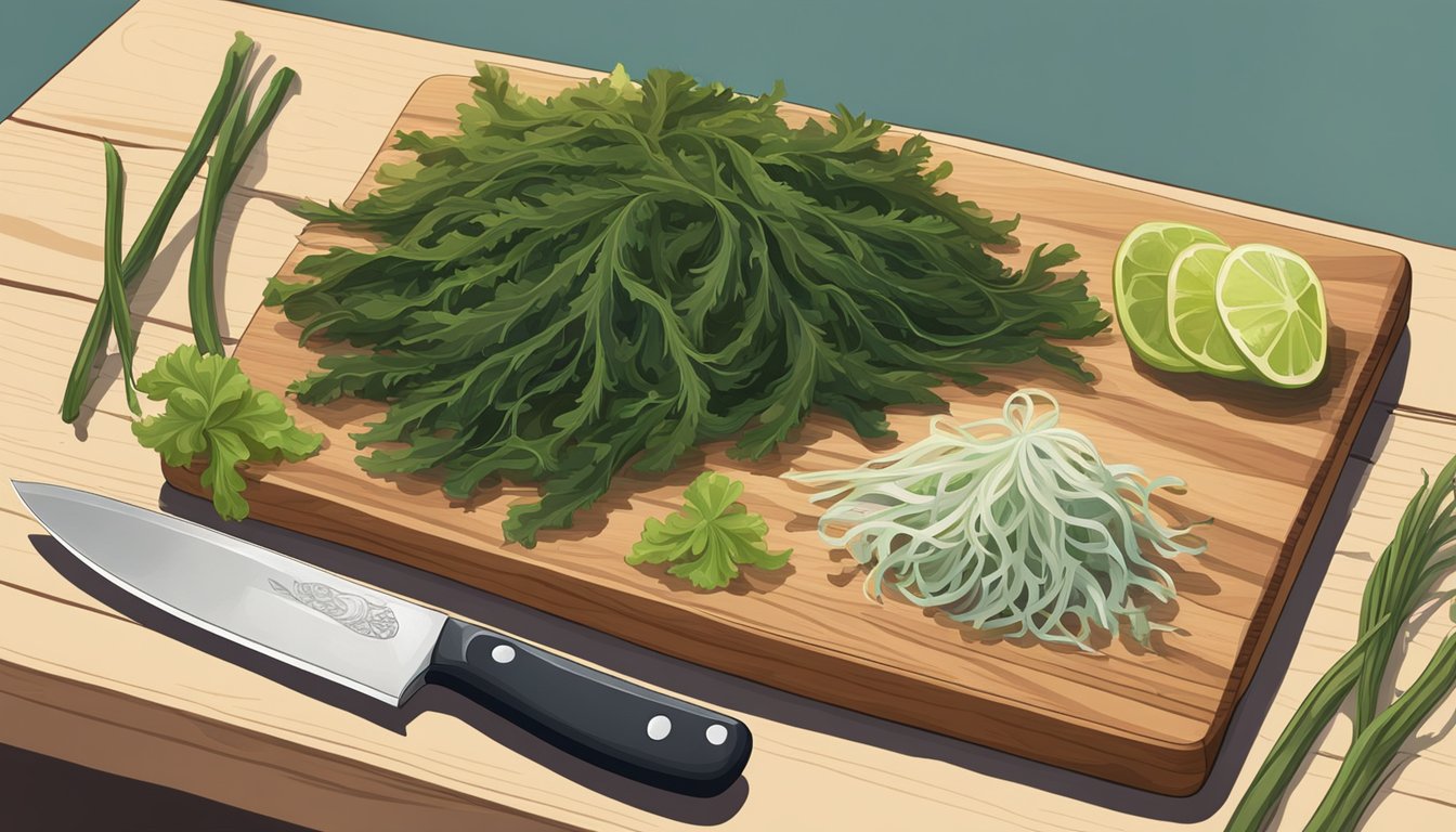 A variety of seaweed types arranged on a wooden cutting board, with a chef's knife nearby