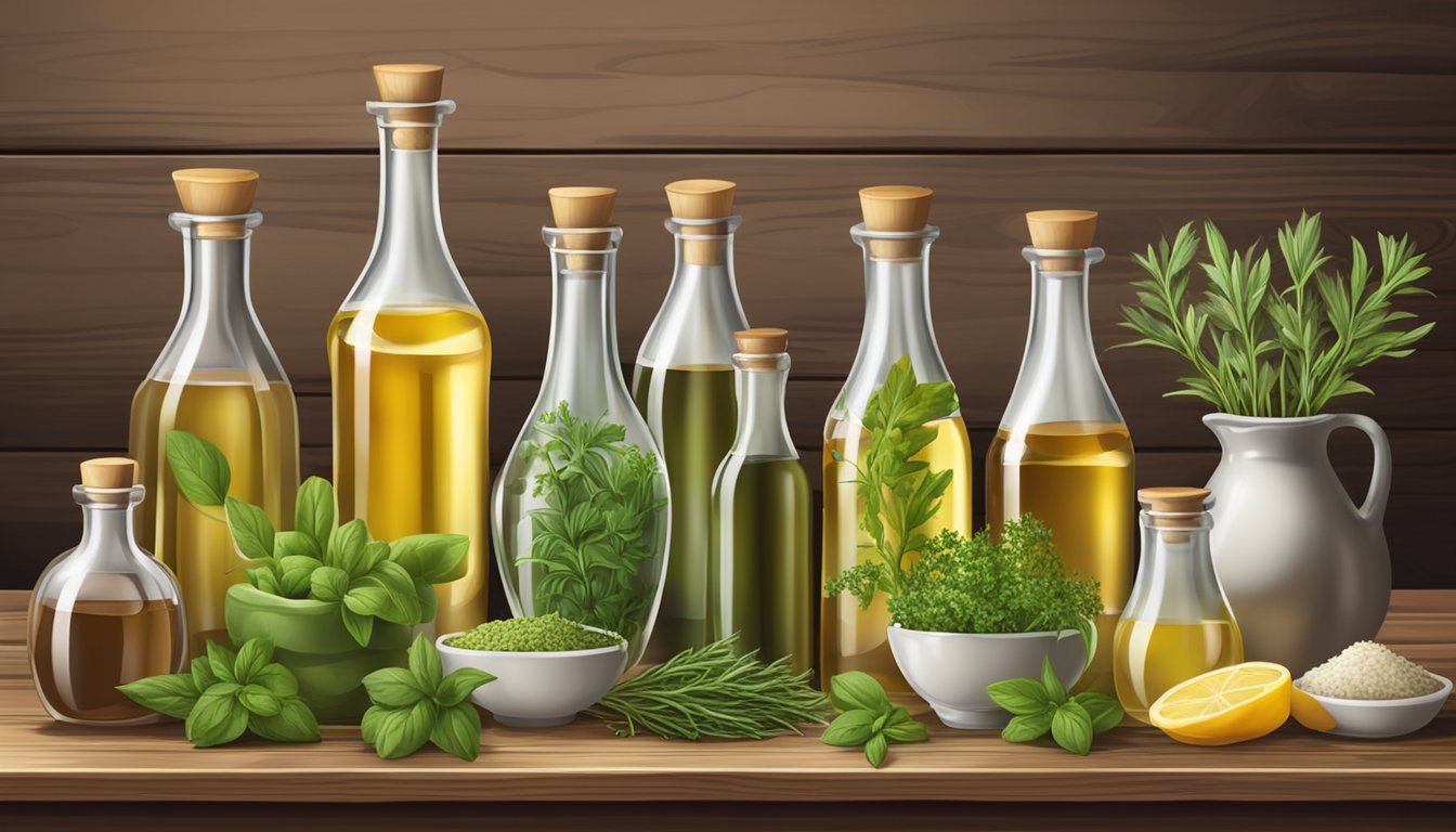 A variety of fresh herbs and vinegar bottles arranged on a wooden table