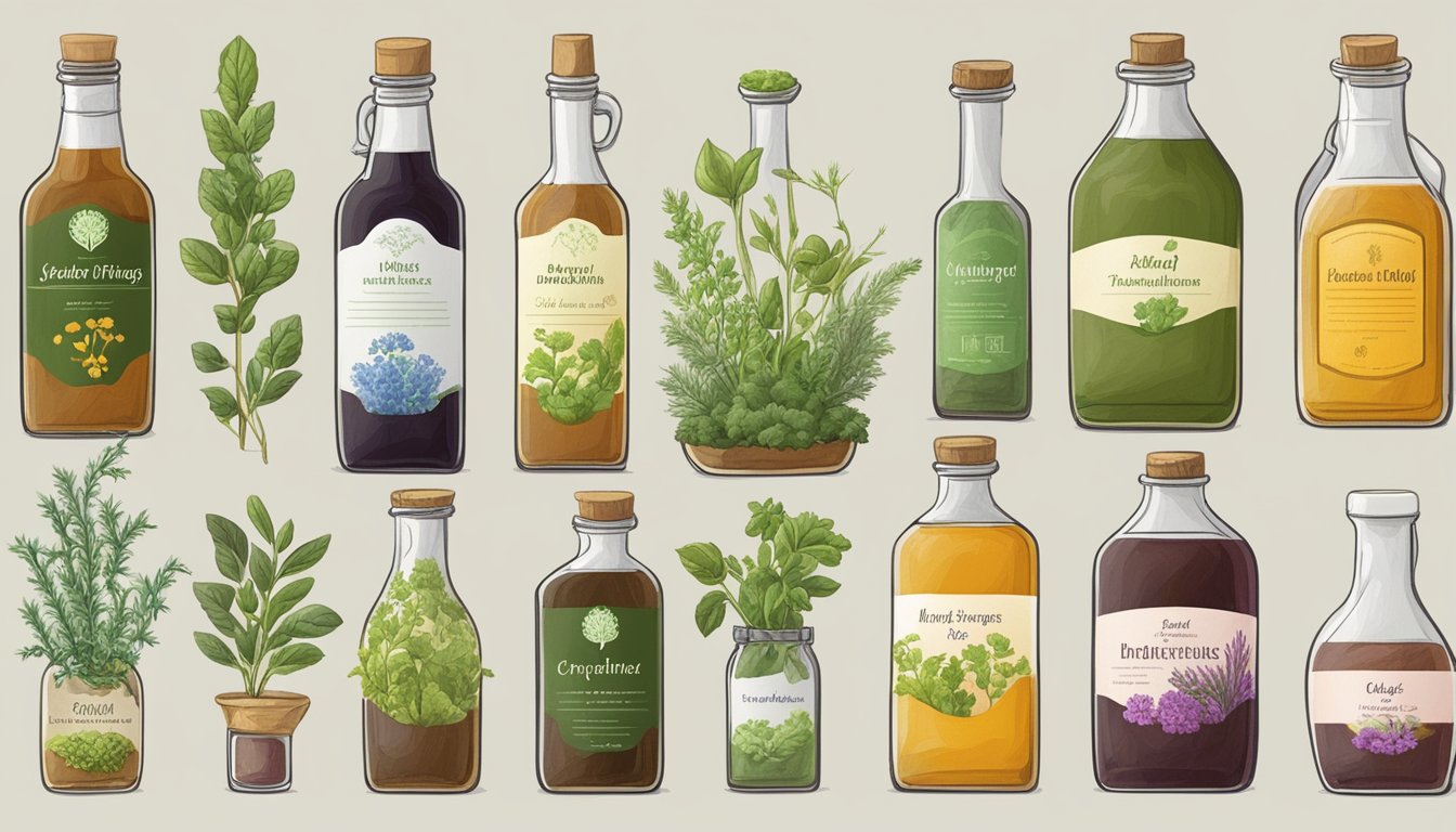 A variety of herb plants arranged around different bottles of specialty vinegar substitutes, with labels indicating their uses