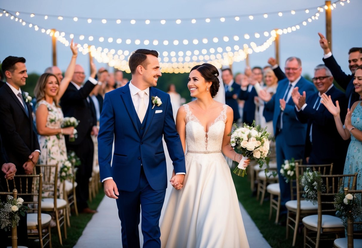 The bride and groom walk confidently towards each other, surrounded by cheering guests and twinkling lights