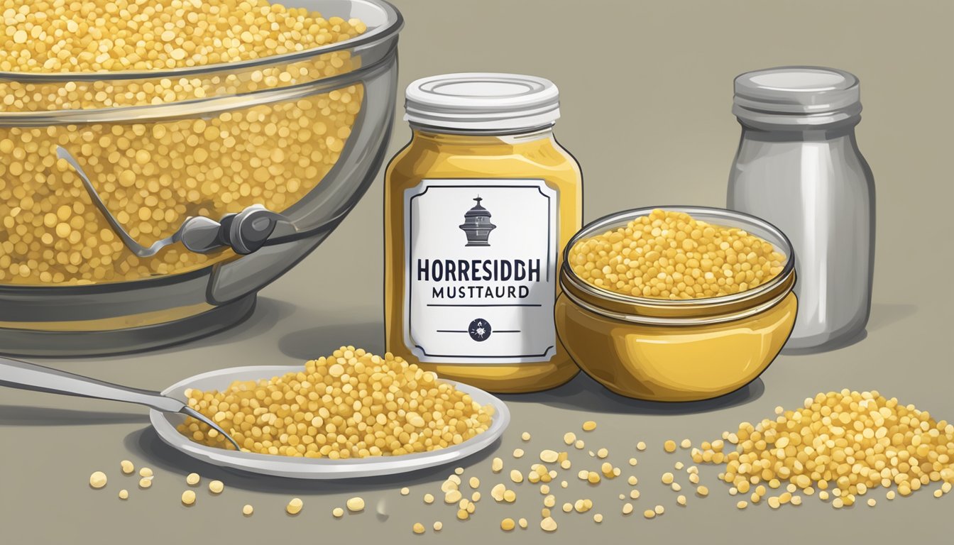 A jar of horseradish mustard sits next to a pile of freshly grated horseradish and a bowl of mustard seeds