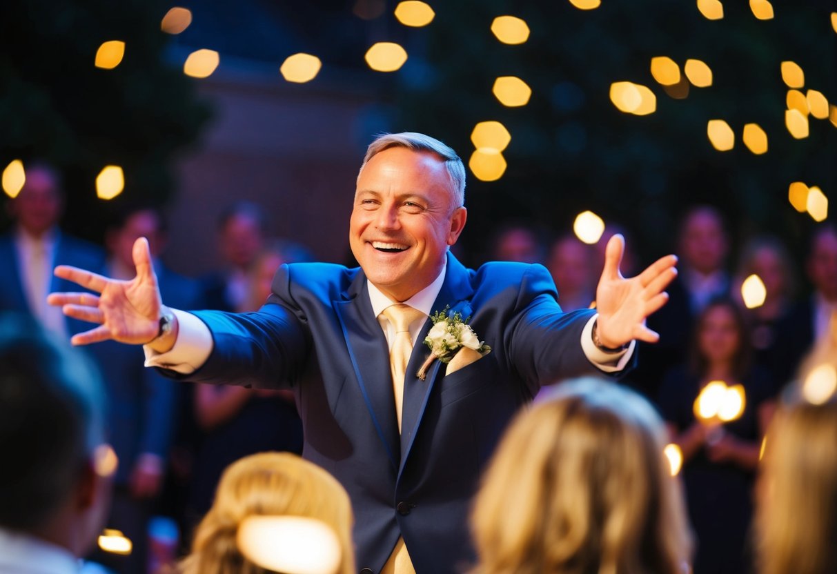 A celebrant gestures with open arms, smiling and inviting
