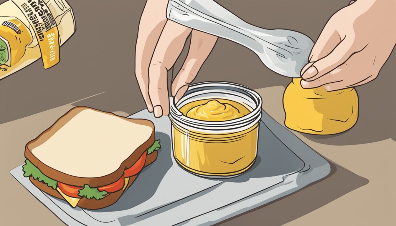 A jar of horseradish mustard sits next to a sandwich, while a hand reaches for a bottle of substitute mustard