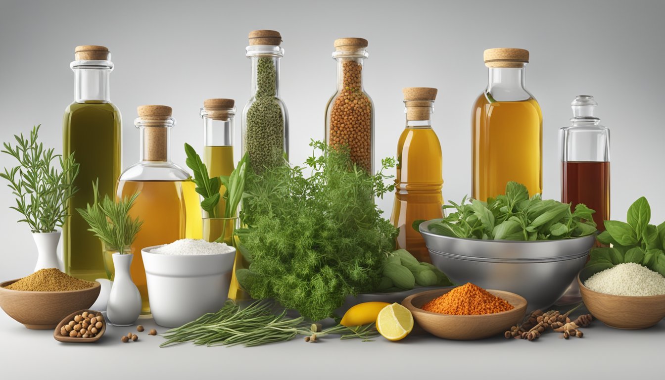 A variety of fresh herbs and spices arranged next to different types of vinegar, with a focus on their health benefits and dietary considerations