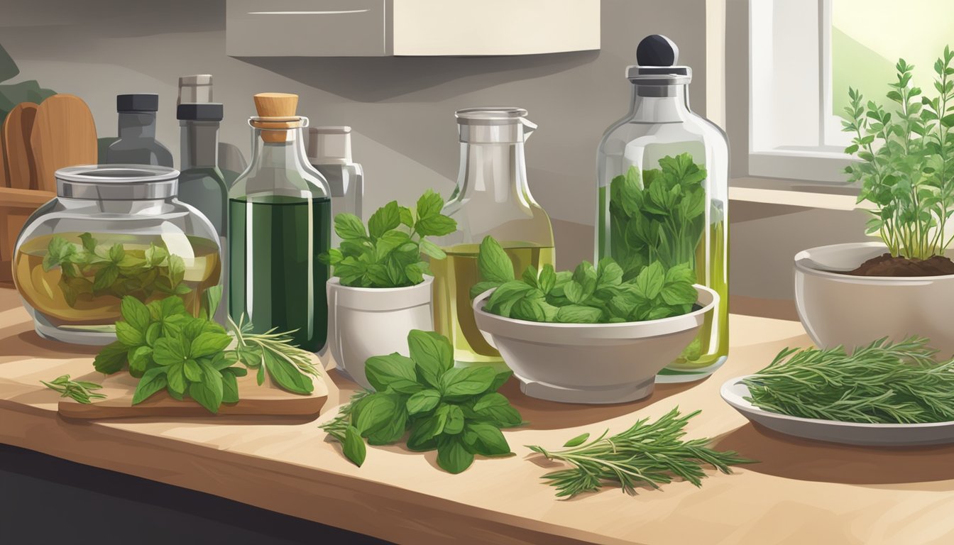 Fresh herbs and vinegar bottles arranged on a kitchen counter, with a mortar and pestle nearby for crushing the herbs