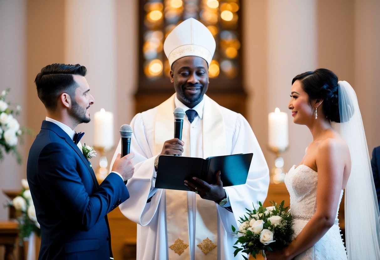 A celebrant standing at an altar, holding a microphone, facing a couple with a serene expression, as they discuss the details of their wedding ceremony