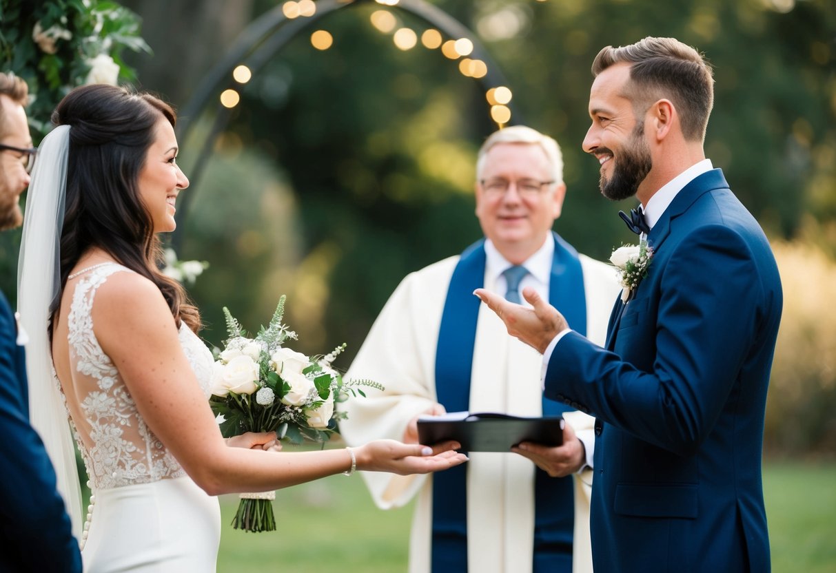 A celebrant holds a symbolic object and gestures towards the couple, inviting them to personalize their ceremony