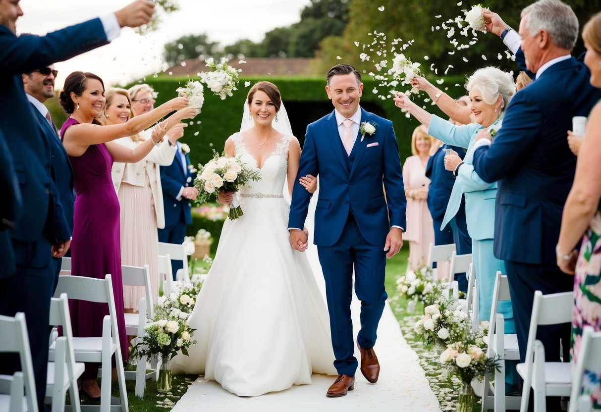 A newlywed couple walks down the aisle as guests shower them with flower petals and cheers
