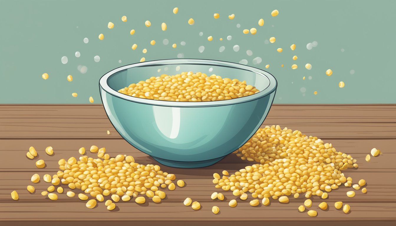 A bowl of dried corn kernels soaking in water, with a few kernels starting to swell and soften. A few alternative grains sit nearby