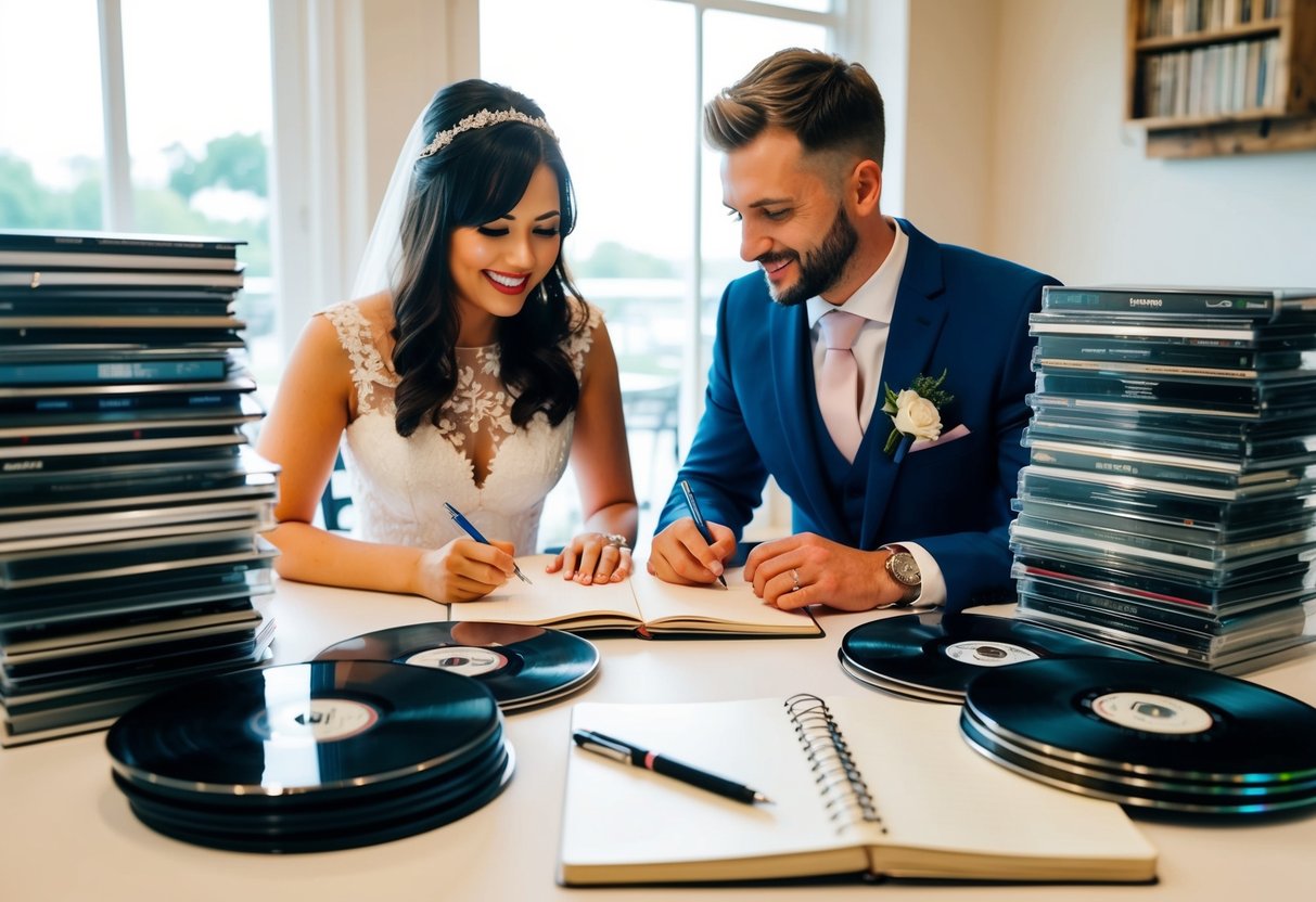 A couple sits at a table with a notebook and pen, surrounded by stacks of CDs and vinyl records, deliberating over the length of their wedding playlist