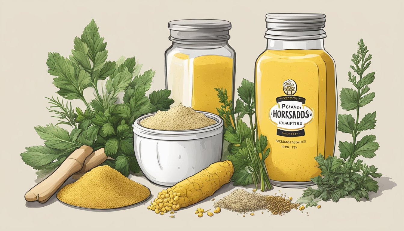 A jar of horseradish sits next to a bottle of mustard, with various herbs and spices scattered around them