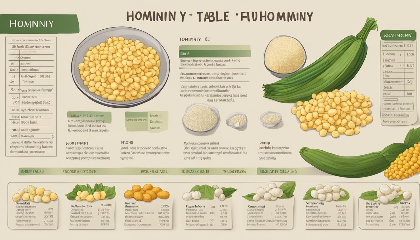 A table with various types of hominy and their nutritional information displayed in a clear and organized manner