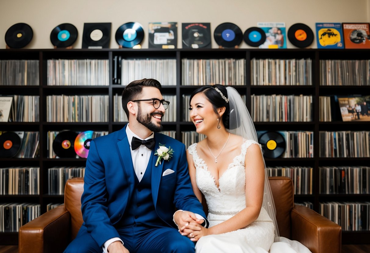 A bride and groom sit together, smiling, while listening to a diverse collection of music. They are surrounded by shelves filled with vinyl records and CDs