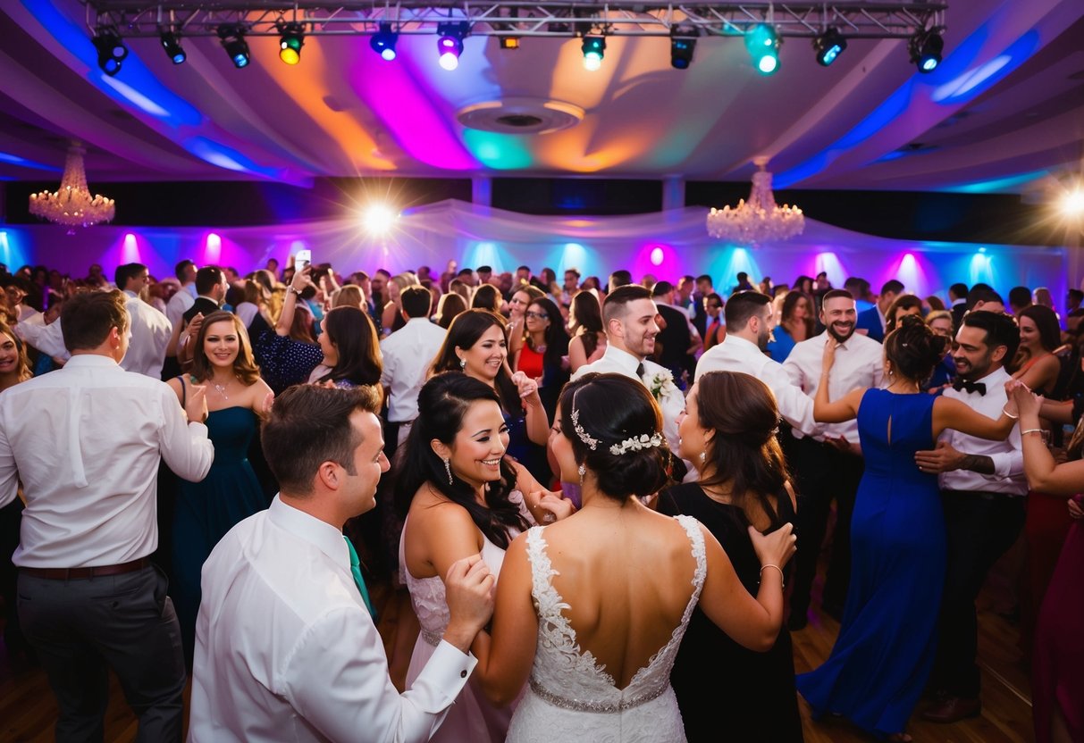 A crowded dance floor at a wedding reception, with colorful lights and people dancing to upbeat music