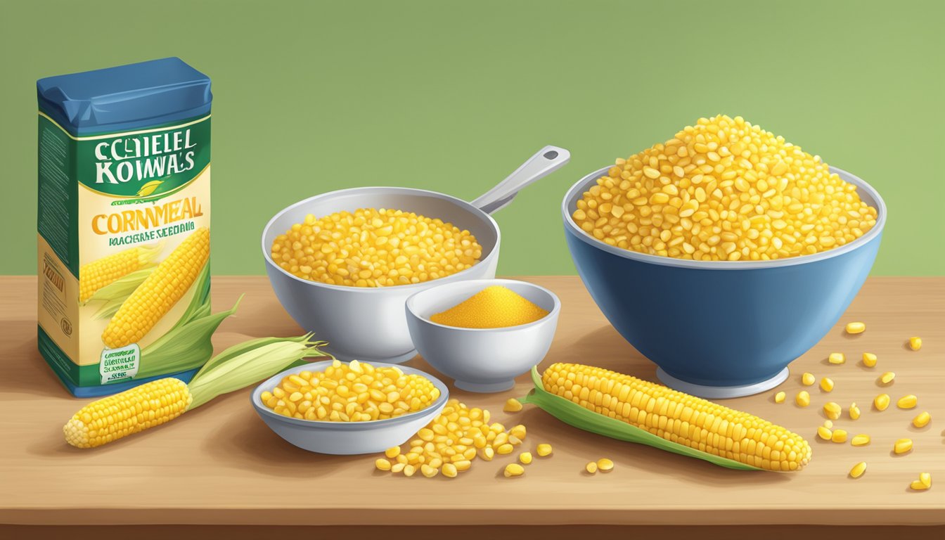 A bowl of cooked corn kernels, a bag of cornmeal, and a can of corn sit on a kitchen counter