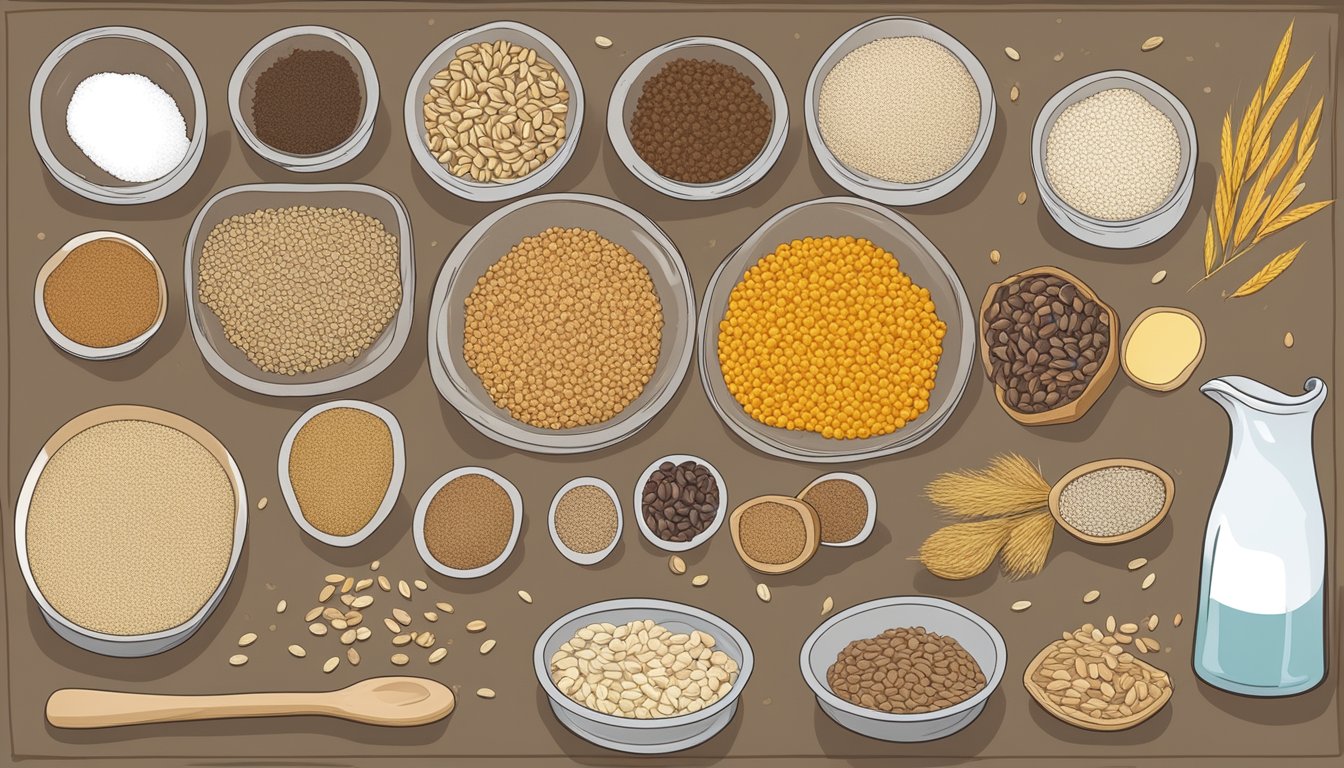 A table with various types of grains and ingredients, a person comparing and evaluating each option for hominy substitutes