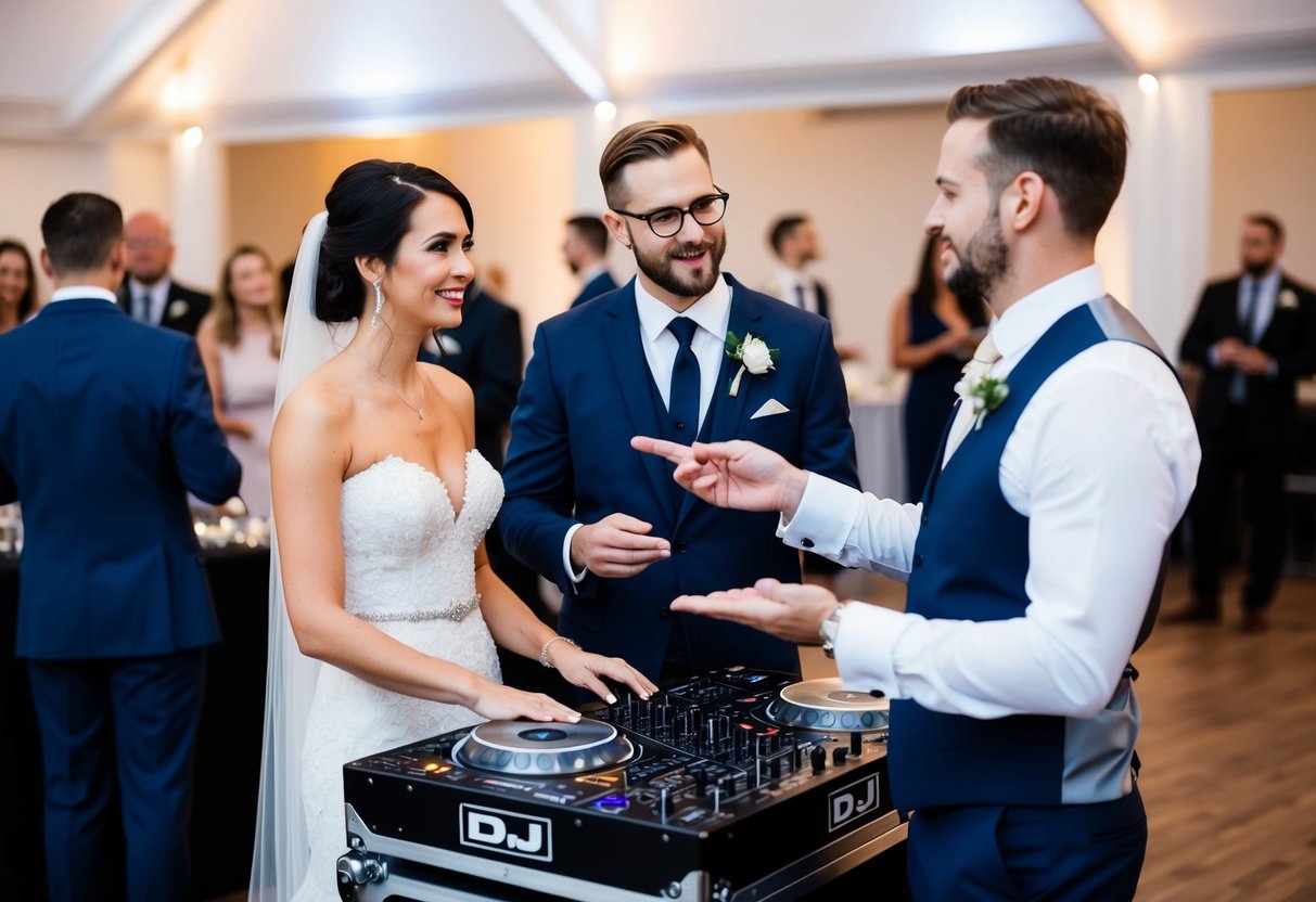 A bride and groom stand beside a DJ booth, discussing playlist length with the DJ. A wedding venue is visible in the background