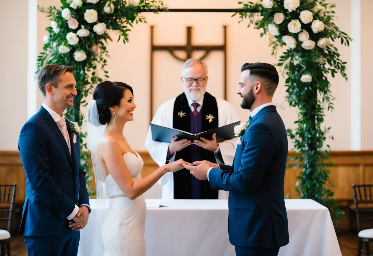 A celebrant standing at a wedding altar with a couple exchanging vows