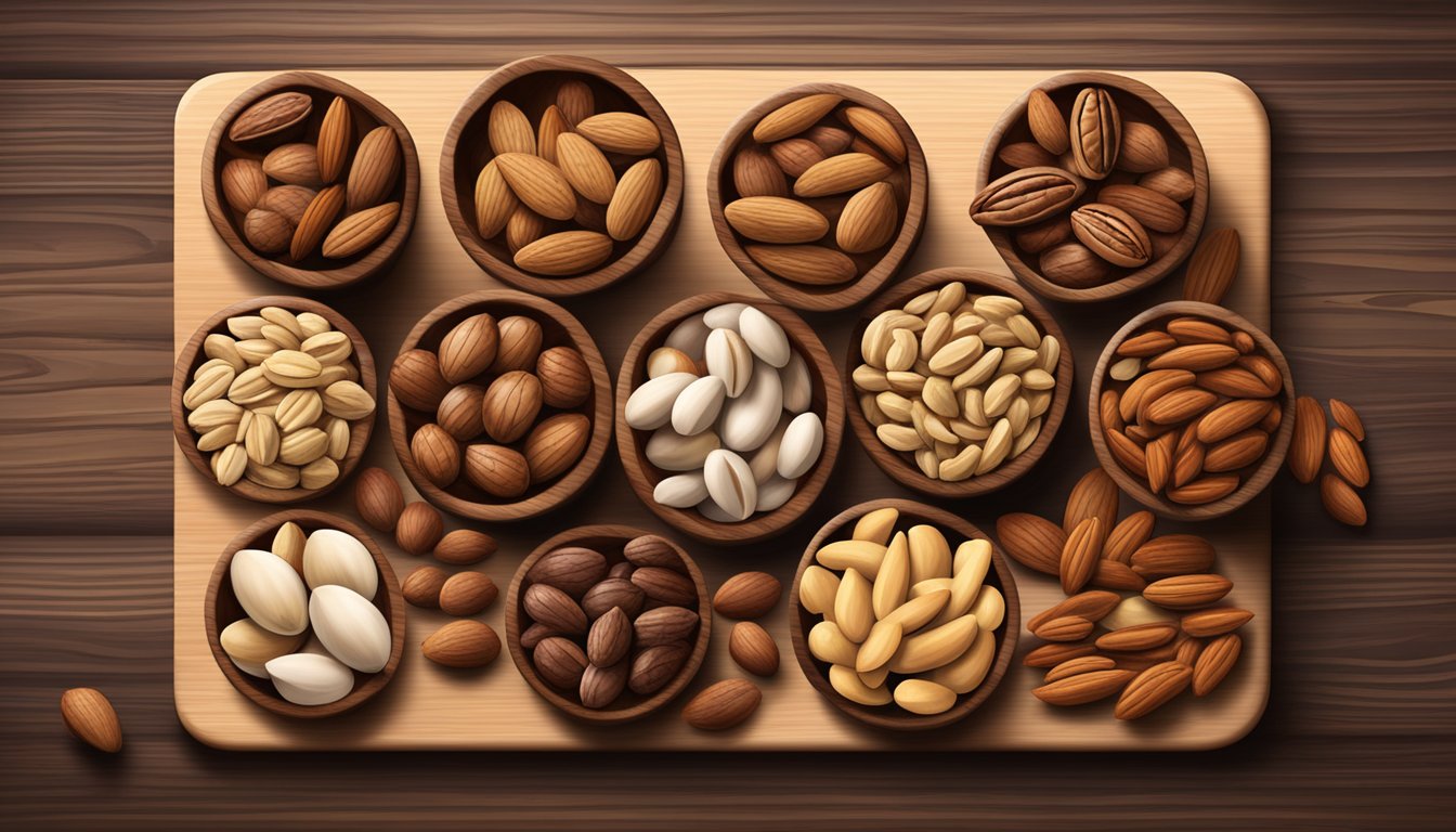 A variety of nuts arranged on a wooden cutting board, including almonds, walnuts, and pecans, with a hickory nut placed front and center