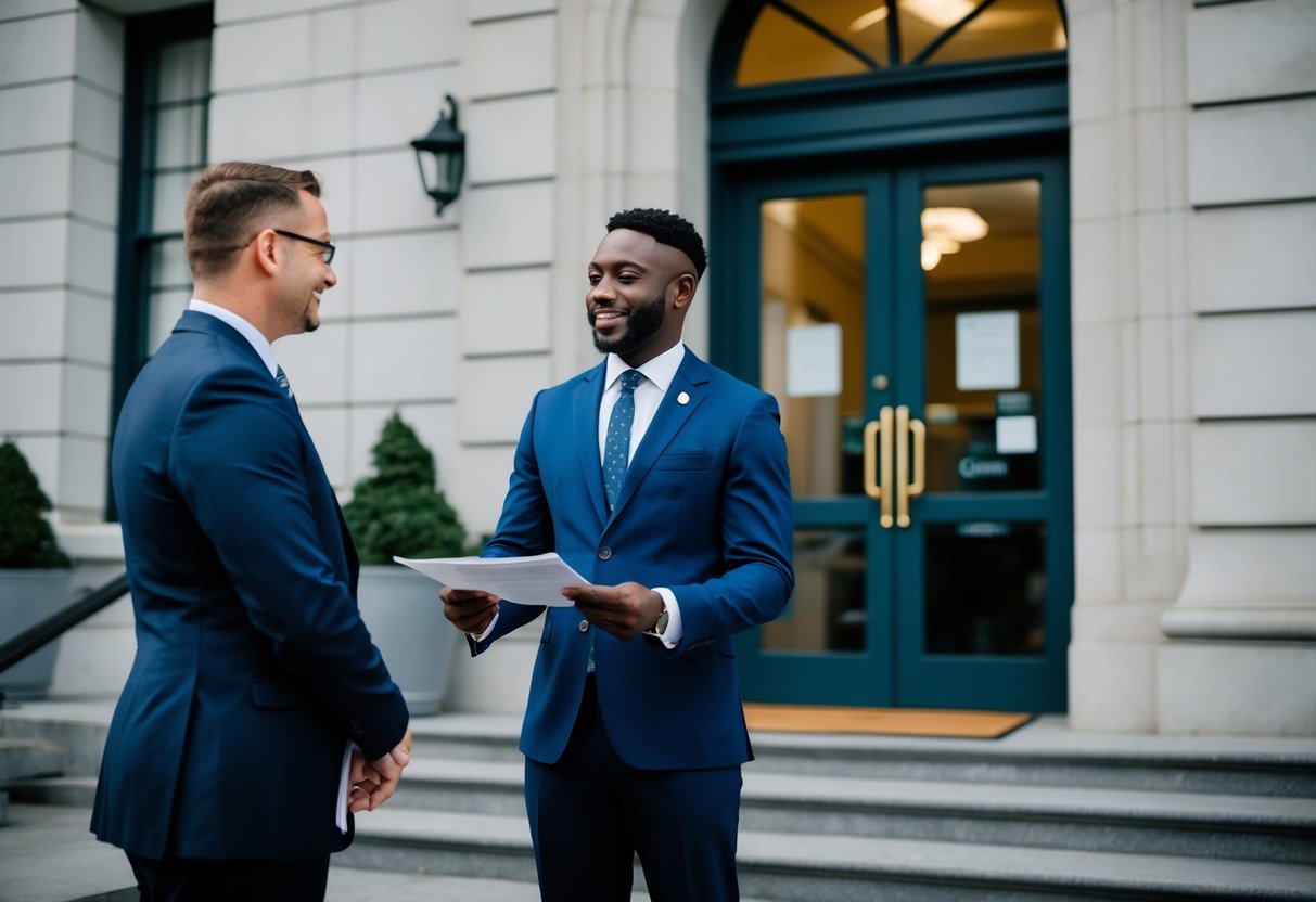 A celebrant standing in front of a government office, filling out paperwork and speaking with an official
