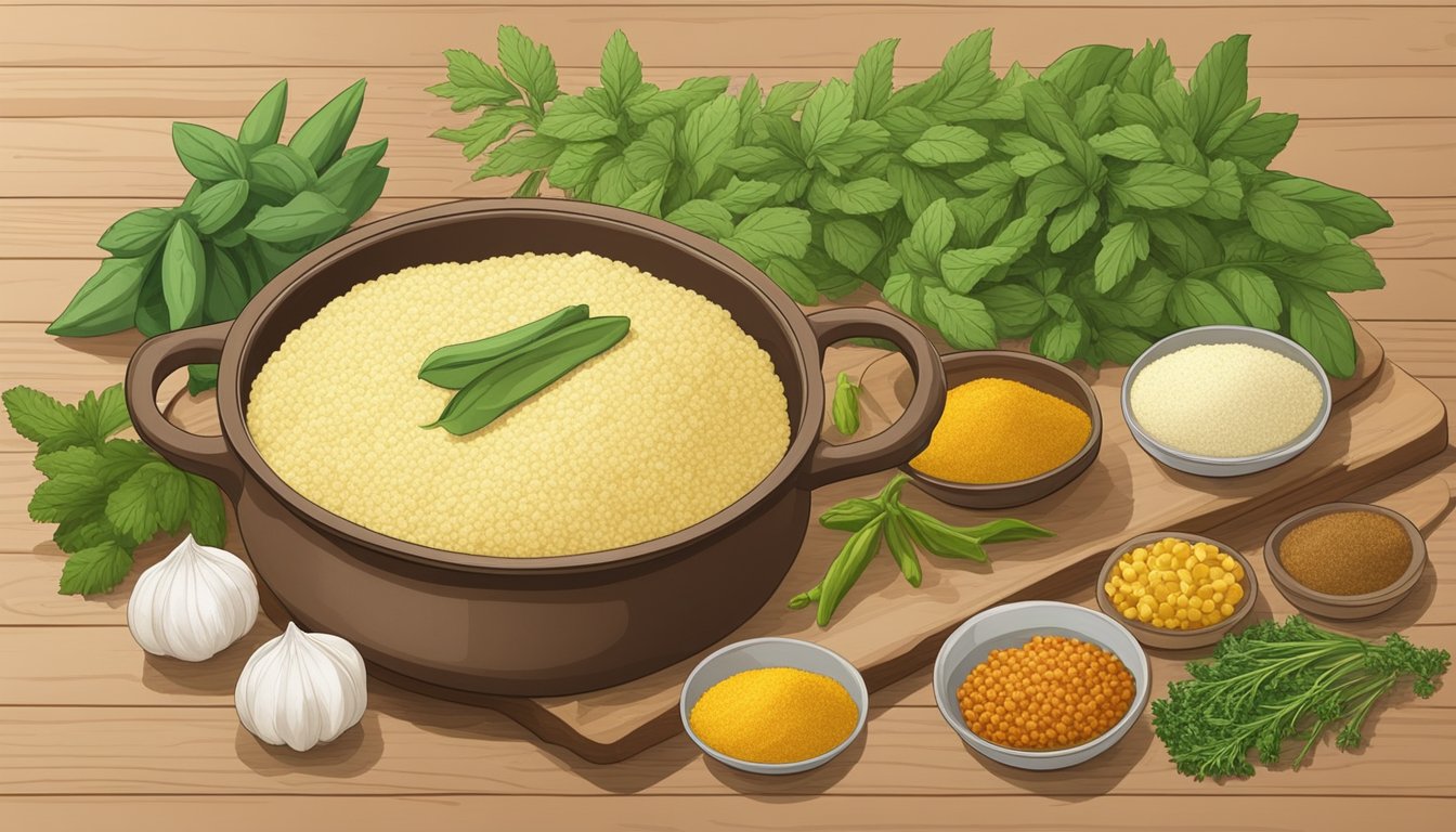 Various hominy substitutes, such as cornmeal or corn grits, are laid out on a wooden cutting board next to fresh herbs and spices. A pot simmers on the stove, ready for cooking