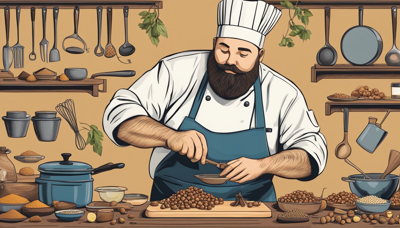 A chef using hickory nuts in a recipe, surrounded by various culinary tools and ingredients