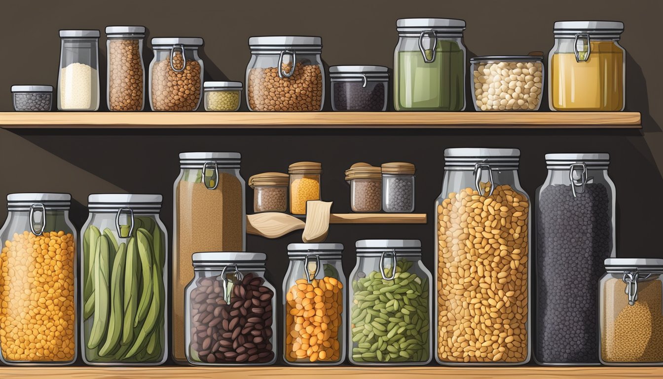 A pantry with various containers of dried beans and grains, along with labeled jars of pickled vegetables and spices