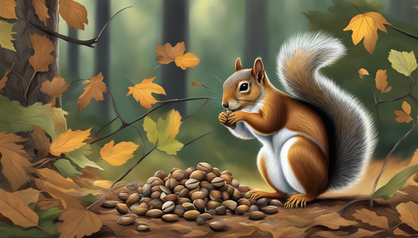 A squirrel gathering hickory nuts from the forest floor