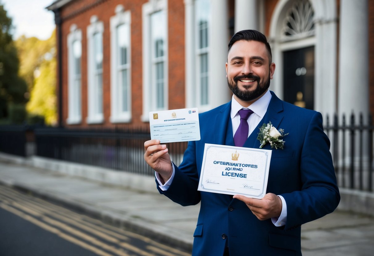 A celebrant holding a license in front of a UK government office