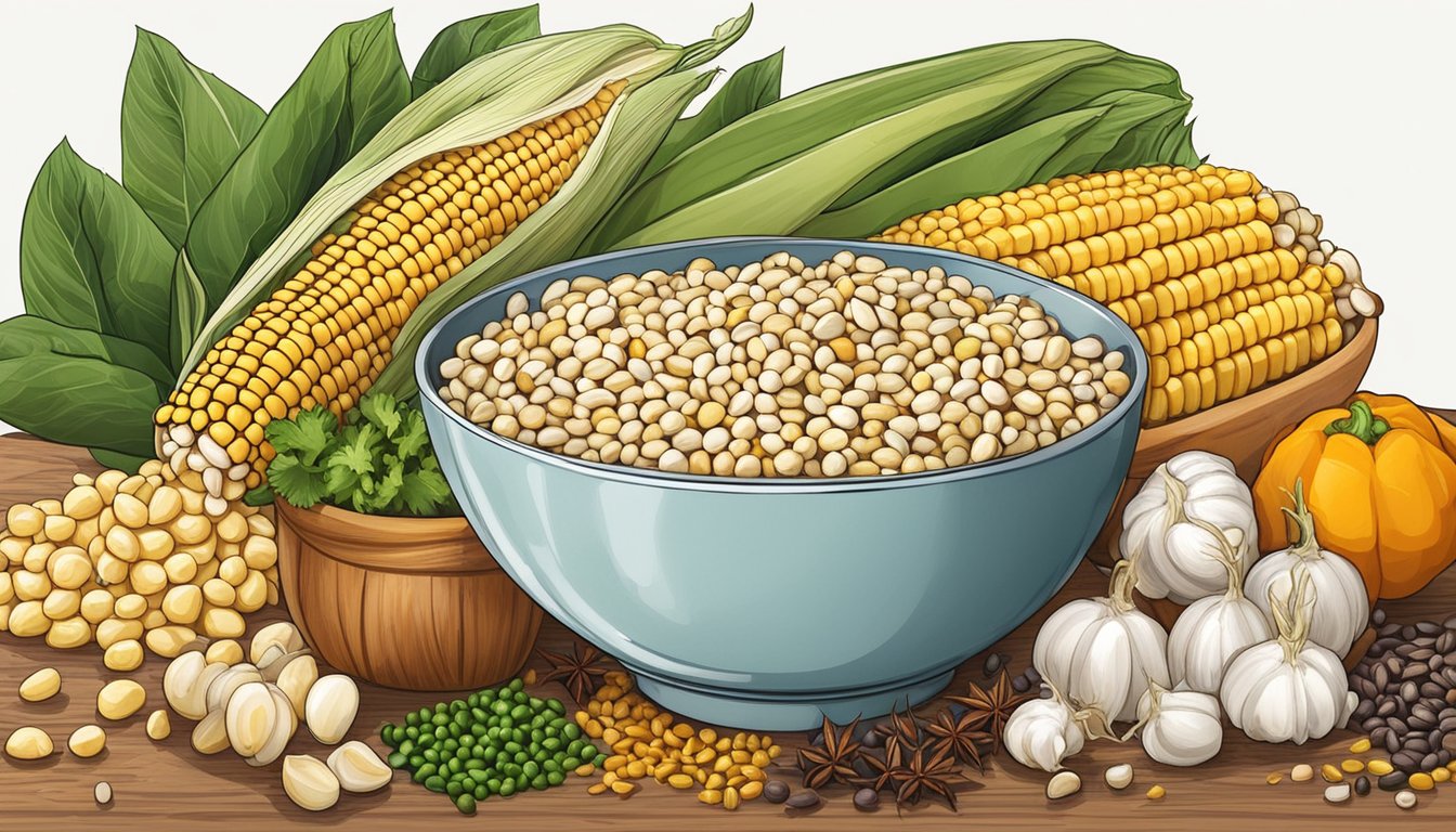 A bowl of steaming hominy surrounded by various ingredients like corn, beans, and spices, ready to be used as a substitute in a recipe