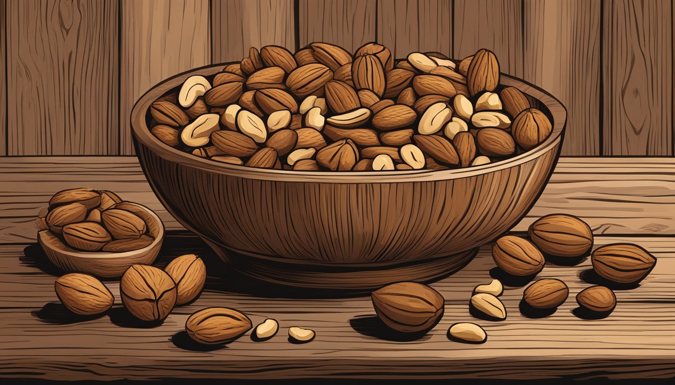 A rustic wooden bowl filled with a variety of nuts, including walnuts, pecans, and almonds, sits on a weathered farmhouse table