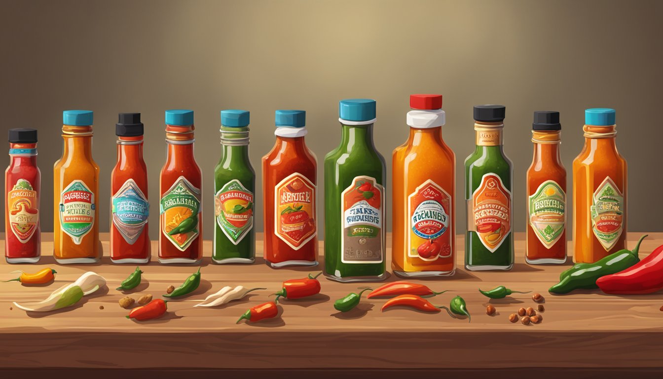 A variety of hot sauce bottles lined up on a wooden table, surrounded by colorful peppers and spices