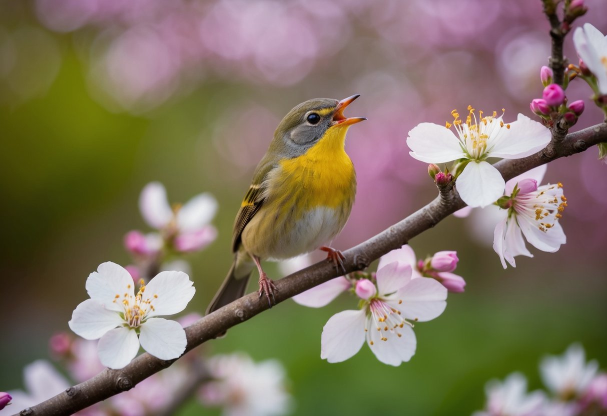 A bird perched on a blooming branch, singing a sweet melody amidst a serene garden
