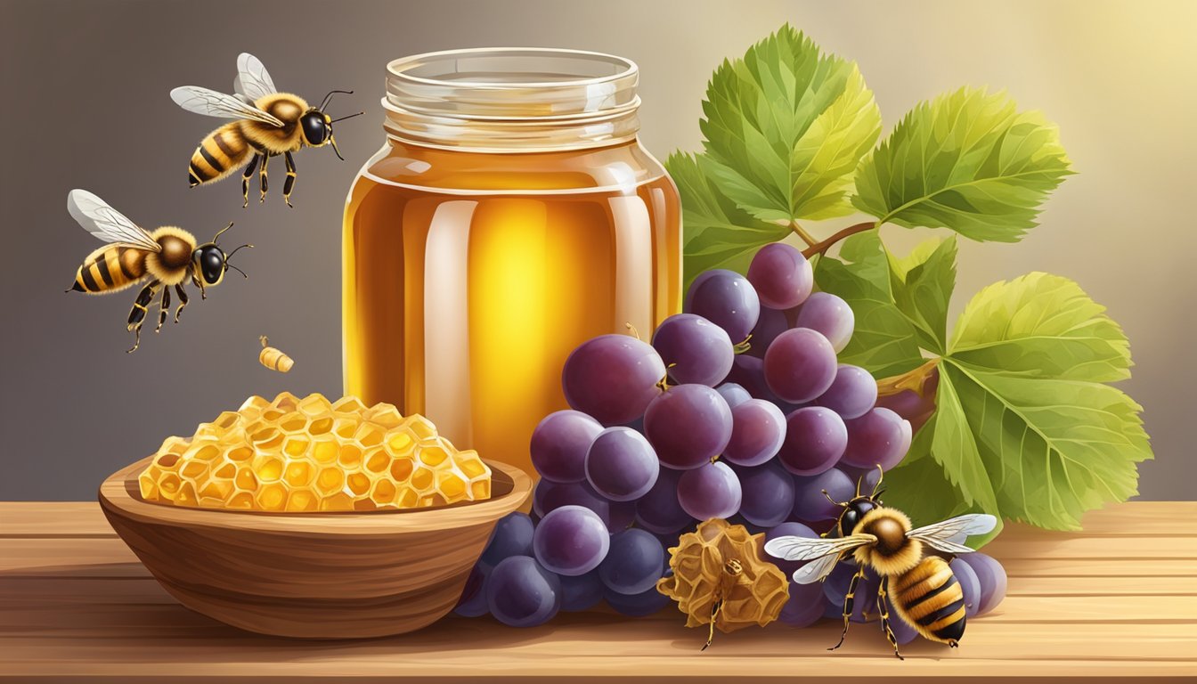 A glass jar of honey vinegar sits on a wooden table, surrounded by fresh honeycomb, ripe grapes, and a cluster of honeybees