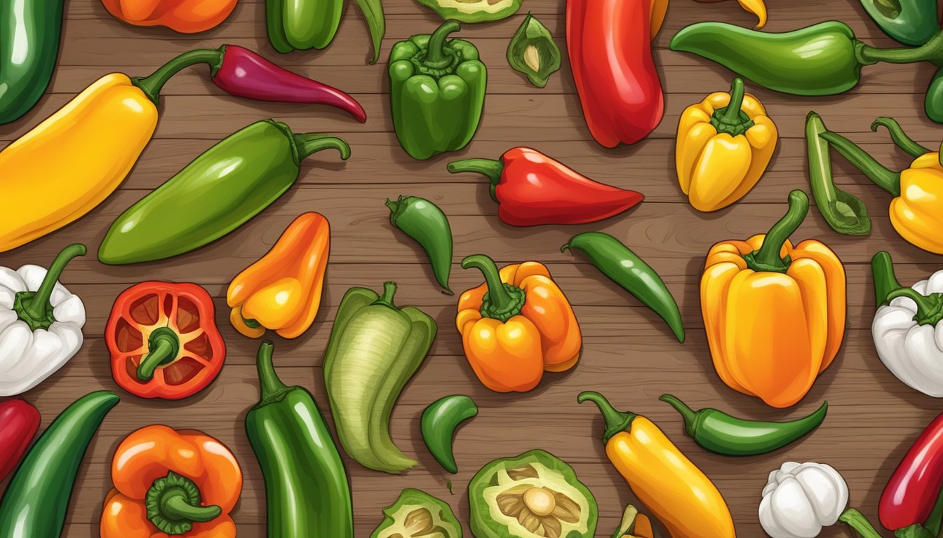 A variety of colorful and vibrant peppers, such as jalapeños, habaneros, and serranos, arranged on a wooden cutting board