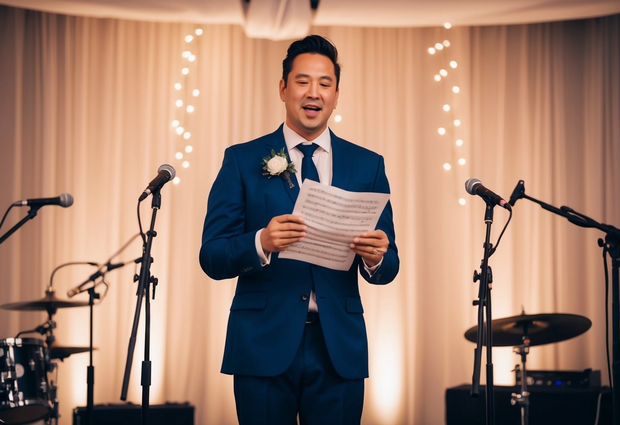 A musician stands on a stage, surrounded by instruments and microphones. The room is filled with soft, romantic lighting, and the musician is holding a sheet of music, ready to sing the perfect wedding song