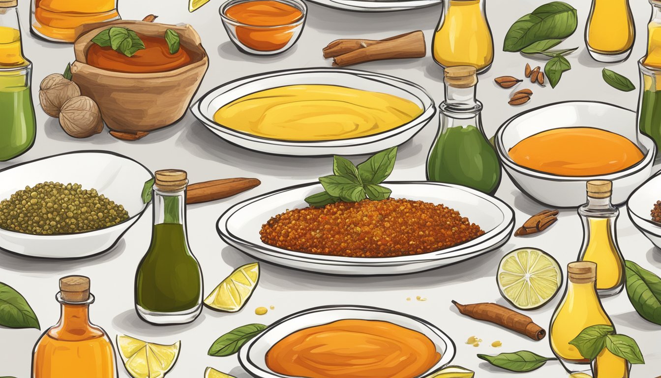 A table with various hot sauce substitutes: vinegar, citrus juice, mustard, and spices