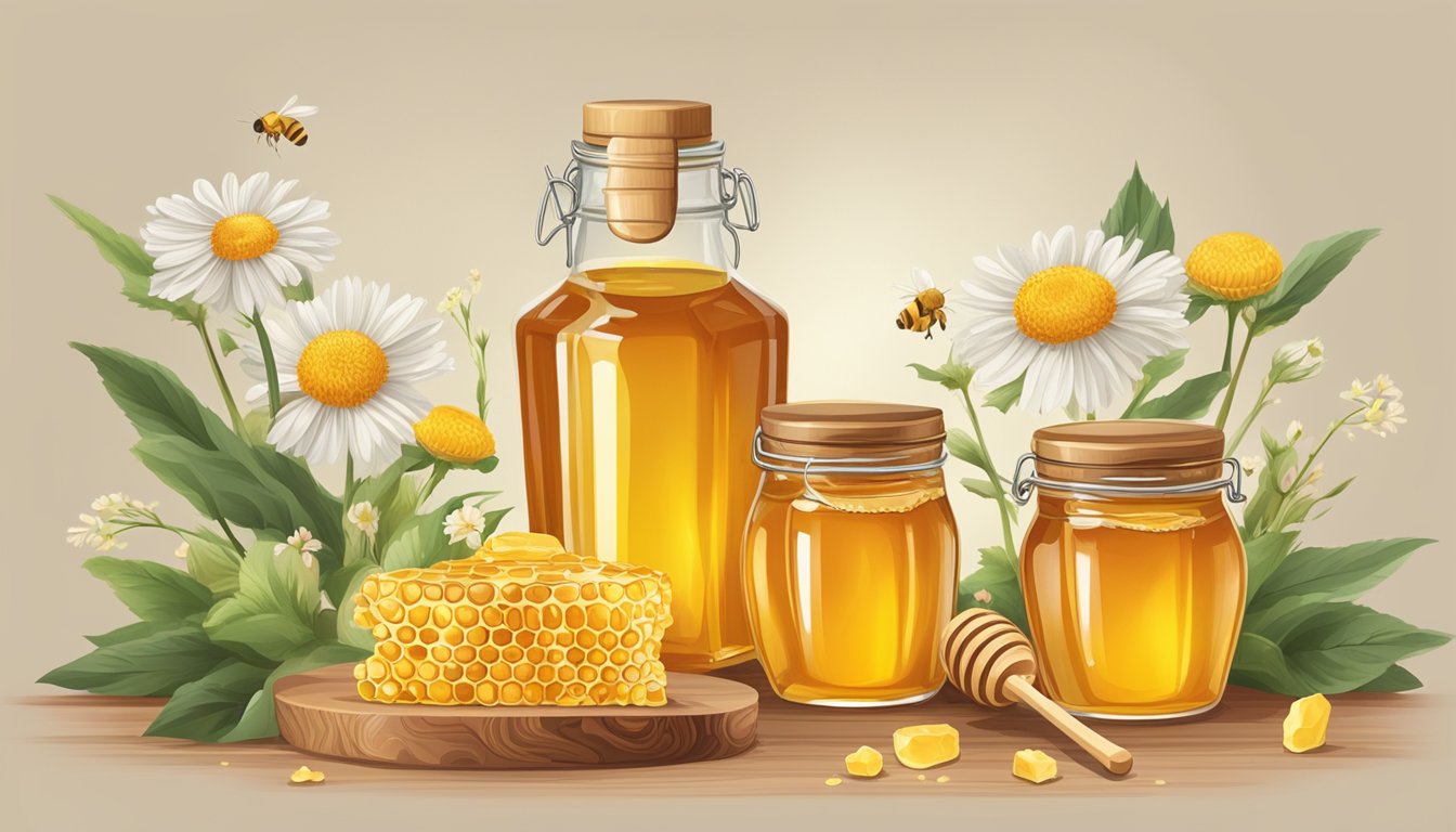 A jar of honey sits next to a bottle of vinegar on a wooden table, surrounded by fresh flowers and a few scattered honeycomb pieces