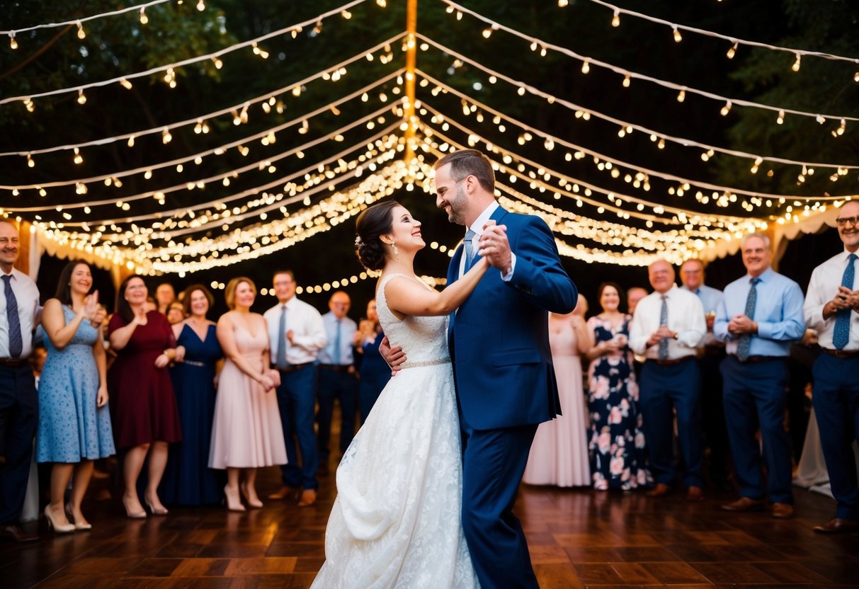 A couple dances under a canopy of twinkling lights, surrounded by friends and family. The sound of a beautiful melody fills the air, evoking joy and love