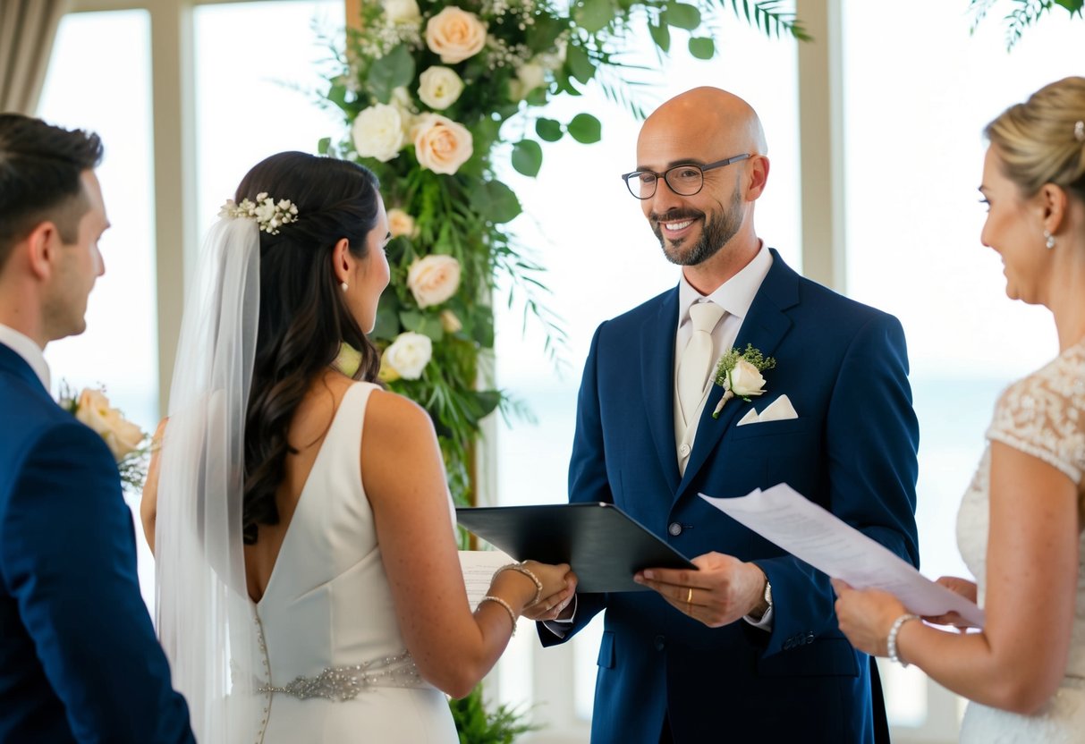 A celebrant officiates a marriage ceremony, standing before a couple and their witnesses, with legal documents and a decorative setting