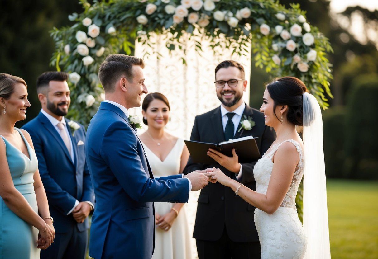 A celebrant officiates a marriage ceremony, standing before the couple with witnesses and a decorative backdrop
