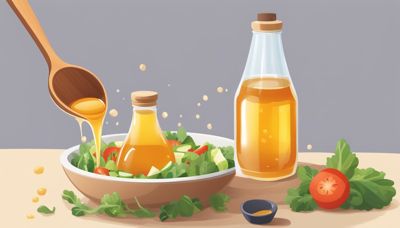 A wooden spoon drizzles honey over a salad while a small bottle of vinegar sits nearby