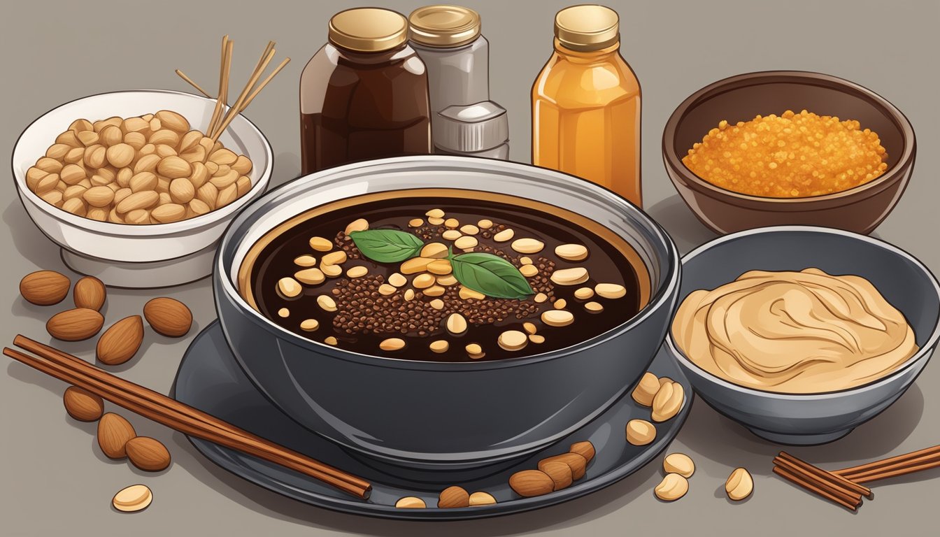 A bowl of hoisin sauce with ingredients like soy sauce, peanut butter, honey, and spices arranged around it