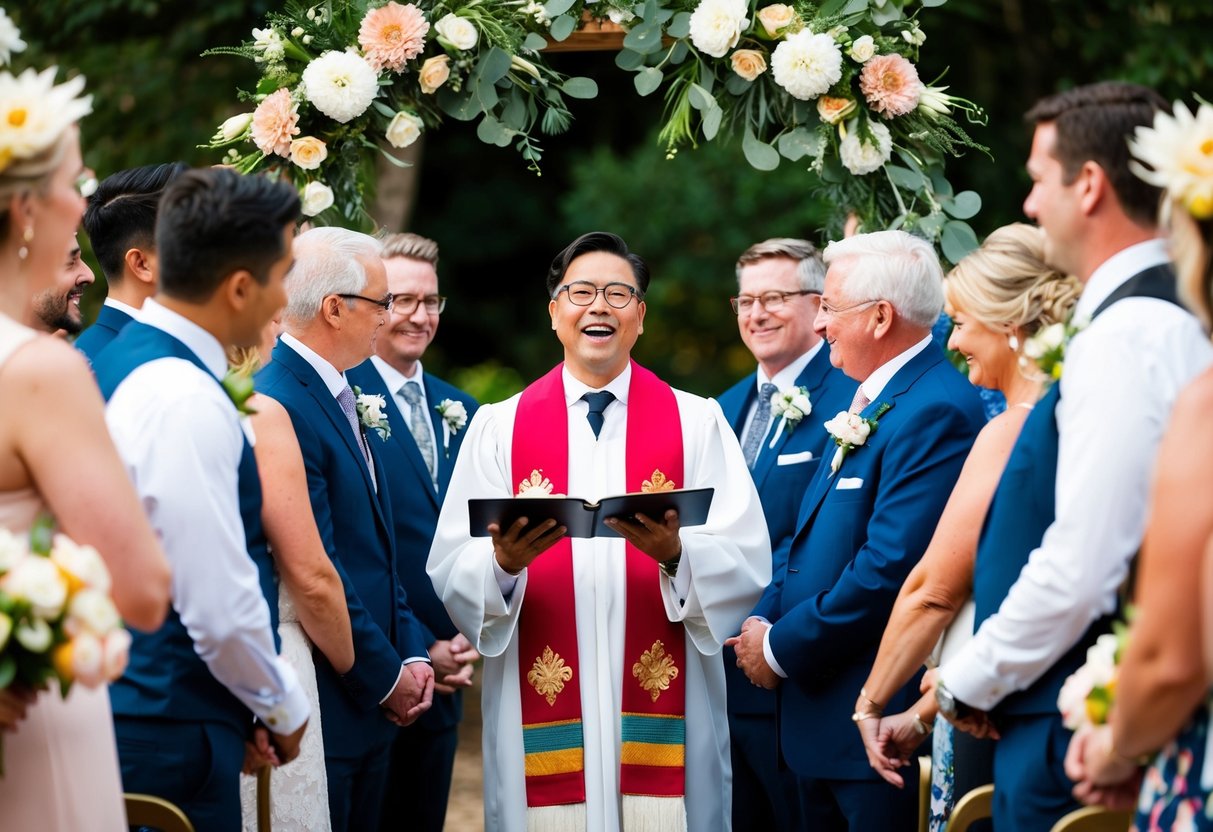 A celebrant officiates a wedding ceremony, surrounded by joyful guests and adorned with flowers and decorations