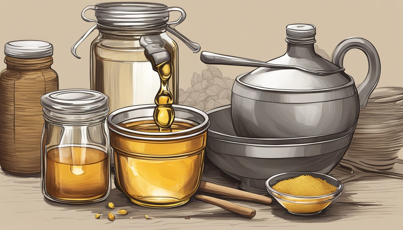 A bottle of honey tipped over, spilling onto a bowl of vinegar. A measuring spoon and a jar of spices sit nearby