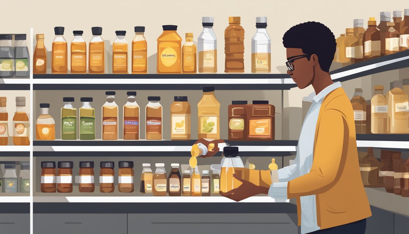 A person comparing different types of vinegar on a grocery store shelf. They are holding a bottle of honey vinegar and looking at other options