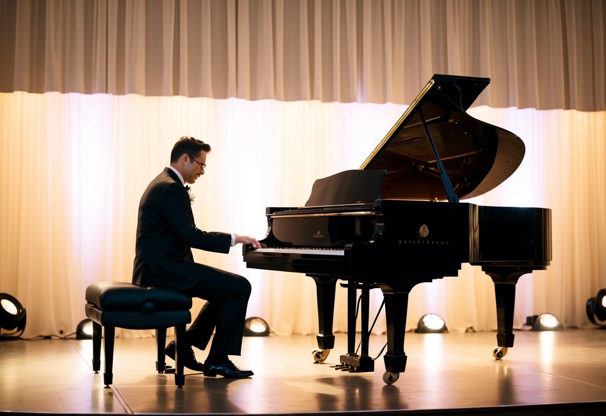 A grand piano sits center stage, bathed in soft light, as a musician plays the classic wedding song with passion and grace